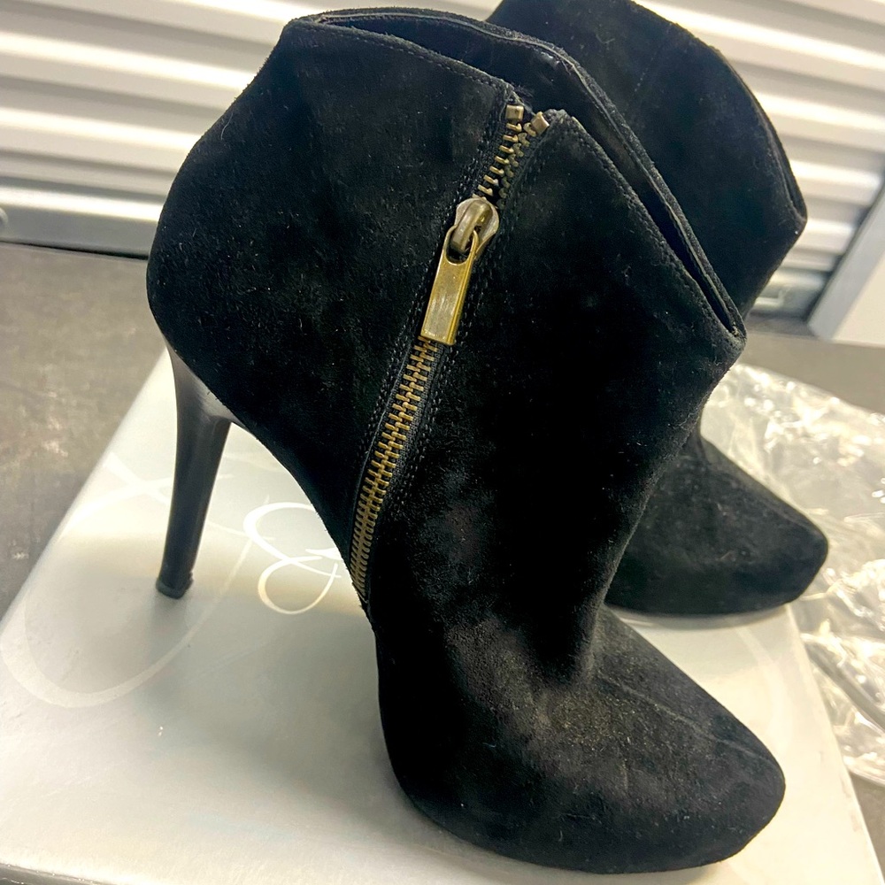 Black suede stiletto booties. - Picture 4 of 7